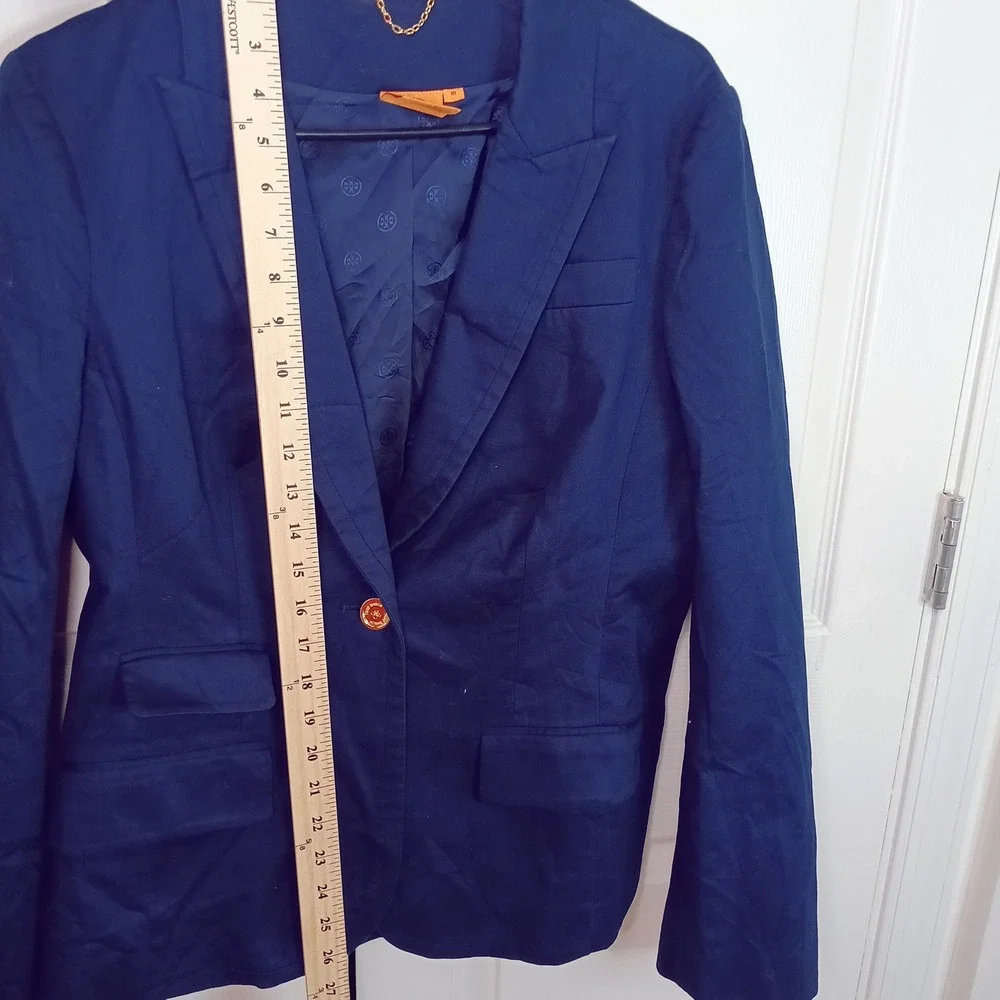 Tory Burch Blazer Women 10 Navy Blue Excellent Single Button Gold Logo Hardware